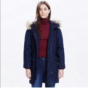 Madewell denim parka with faux fur trim on hood, size small